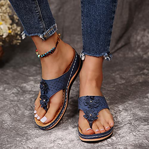 Orthopedic Sandals with Arch Support Flip Flops for Women Wedge Sandals Comfortable Walking Sandals Cushion Footbed Platform Sandals Dressy Summer Slip on Sandals Thong Sandals Casual (a-Blue, 7)4