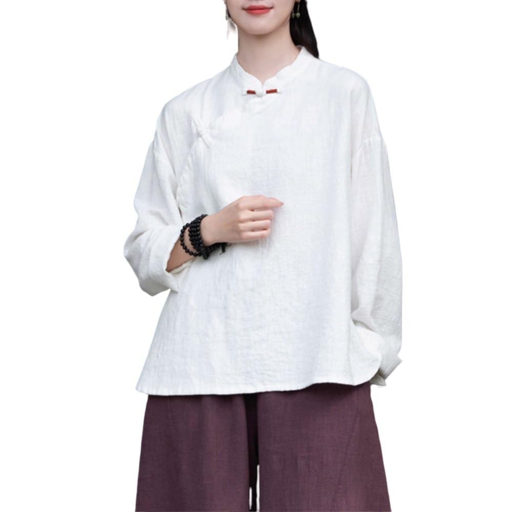 Damska lniana koszula z długim rękawem Cheongsam kołnierzyk bluzka, vintage biała klamra z pochyloną łapą kostium tang topy Zen Codzienna bawełniana i lniana koszulka treningowa