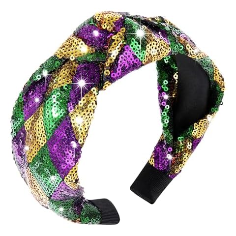HSWE Mardi Gras Headband for Women Glitter Purple Green Yellow Sequin Top Knot Hairband Funny Carnival Parade Party Gift for Sister Mom Bestie Cover