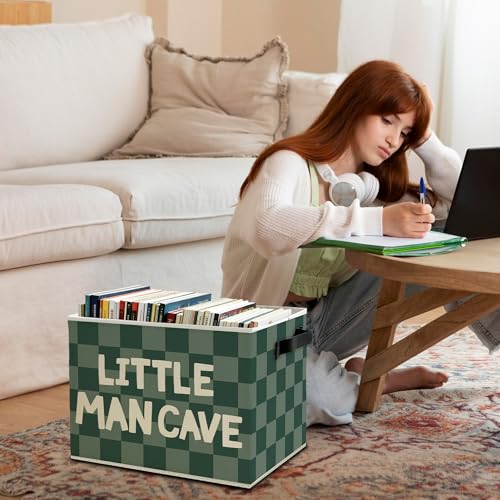 Image of Little Man Cave Boys Storage Bins Box with Handles, Green Checkered Pattern Collapsible Basket Organizer for Kids Boys Playroom Nursery Room Bedroom Bathroom Books Clothes