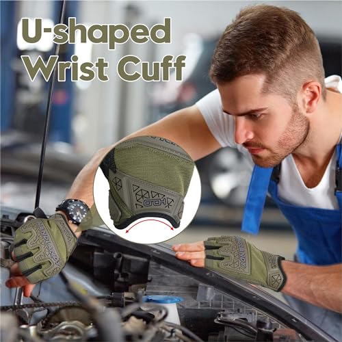 Image of HANDLANDY Tactical Fingerless Impact Gloves for Men, Padded Grip Half Finger Work Gloves, Utility Trucker Driver Gloves (Army Green, Large (Pack of 1))