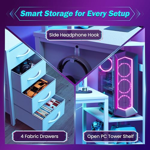 Image of 51 Inch Gaming Desk with LED Lights and Power Outlets, Computer Desk with Storage Shelves, Fabric Drawers, Monitor Stand & Side Hook, Reversible Gamer Table for Home Office, Carbon Fiber White