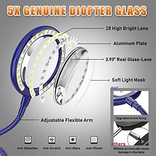 Rechargeable 5x Magnifying Dimmable Lamp,Hands Free Magnifying Glass with Light and Stand,Magnifiers with 28 LED Lights for Senior, Low Vision, Hobbies, Crafts