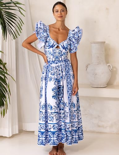 FLAXMAKER Ruffle Blue and White Porcelain Pattern Majolica Print One Piece Swimsuit and Skirt/Sarong4