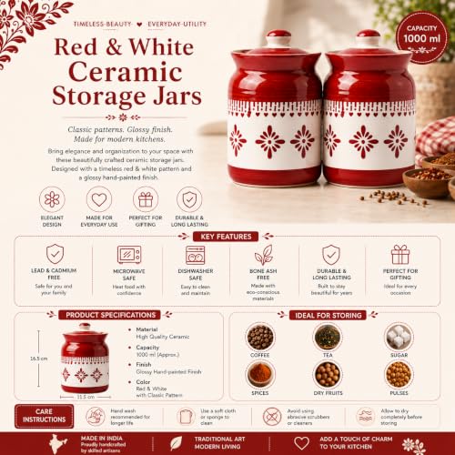 Image of D'Maiolica Ceramic Handmade Pickle Jars in 1000ml (set of 2) | Floral Bale 1 kg Achaar Martban | Ceramic Jadi for Kitchen Storage (Set of 2) | Jars for Achar, Spices, Salt (Royal Charm Bloom)