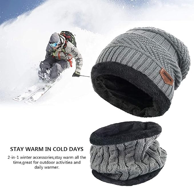 UNIQ WORLD WIDE Woolen Beanie/Skull Cap & Neck Warmer (Muffler) Combo for Winters with Faux Fur Inner Side | Warm Hat | Pack of 2 Set (Grey+Blue, Free Size) 1