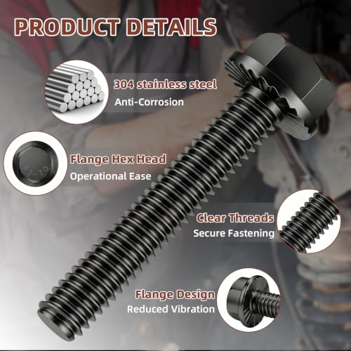 Image of Mellewell 1 /4-20 x 3 /4 inch Flanged Hex Head Bolts Flange Hexagon Screws, Stainless Steel A2 Black Finish, DIN 6921, 50 PCS