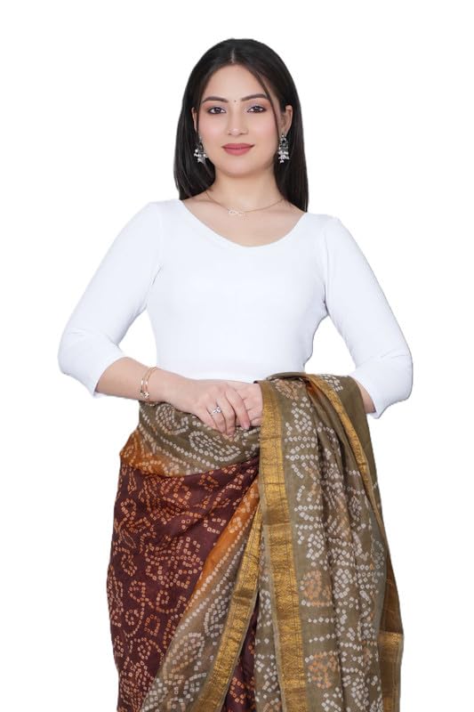 Image of Mlada V-Neck Stretchable Saree Blouse Top for Women | Slim Fit 3 /4th Sleeves Solid Cotton Blouses | Readymade Saree Blouses for Women Festive & Ethnic | Blouse Crop Top