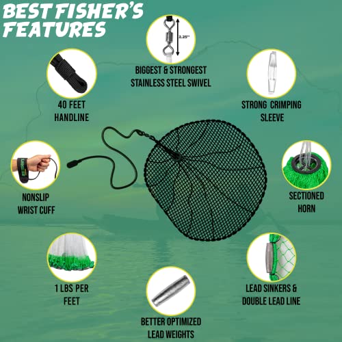 American Pro Cast Net (4-Ft) - 4Ft/6Ft/8Ft/10Ft/12Ft - 3/8" Mesh - Real Lead 1-Lbs/Ft Double Line - 2022 Upgraded & Optimized - Old Salt Premium Cast Nets For Fishing- E-Book & Utility Box Included #TOP6