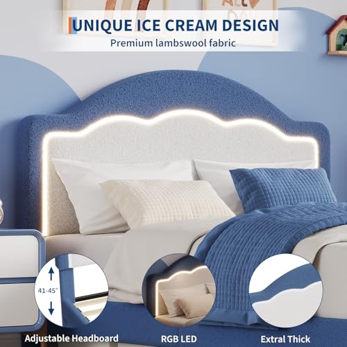 Image of GarveeHome Full Size Bed Frame with LED Headboard for Kids, Sherpa Upholstered Platform Bed Frame with Storage Drawer and Wood Slat Support, No Box Spring Required, Easy to Assemble