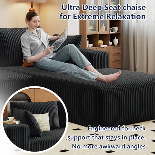 Image of 96 inch Modular Sectional Sofa, Modern Corduroy Cloud Couch with Deep Seat, Boneless Couch Upholstered 3-Seater L-Shaped Sofa for Living Room, No Assembly Required (Black, Right-Facing Chaise)