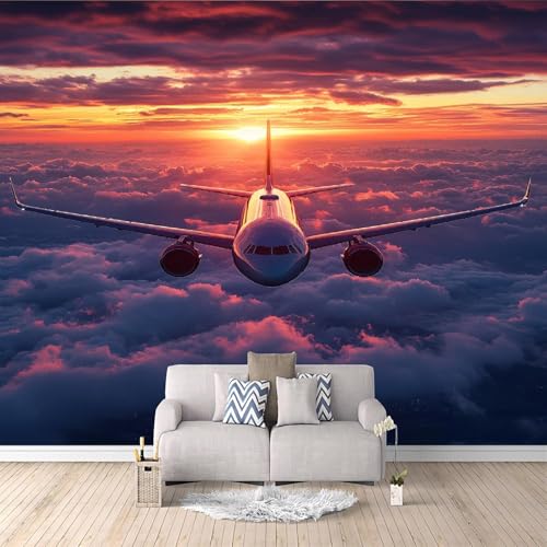 3D Fotomurales Avión 250x175 cm Decorativos Papel Pintado Panorámico Mural Avión Al Atardecer Tejido No Tejido Decoración de Pared Murales Moderna de Diseno w.2200