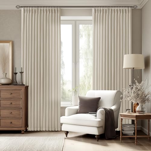 Image of Warm Beige Pinch Pleated Semi Sheer Linen Curtains 108 Inch Long