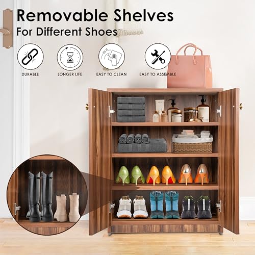Image of Wooden Shoe Rack with Doors | Compact Shoe Cabinet for Home Entryway & Living Room | Modern Closed Shoe Storage Unit in Walnut Finish (76 x 60 x 32 cm) (Dark Asain, 4 Shelves) DIY