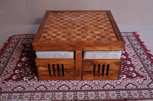 Image of Solid Sheesham Wood Coffee Table and 4 Stools with Coushion, Tea Table, Teapoy and Glass Top Furniture for Living, Guest Room, Holl Areas (Honey Finish)