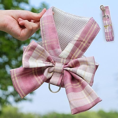 Oyccen Pets Bow Tie Harness and Lead Set Dogs Plaid Harness with Leash Cats Cute Princess Clothes for Puppy Small Dog Cat - Image 2