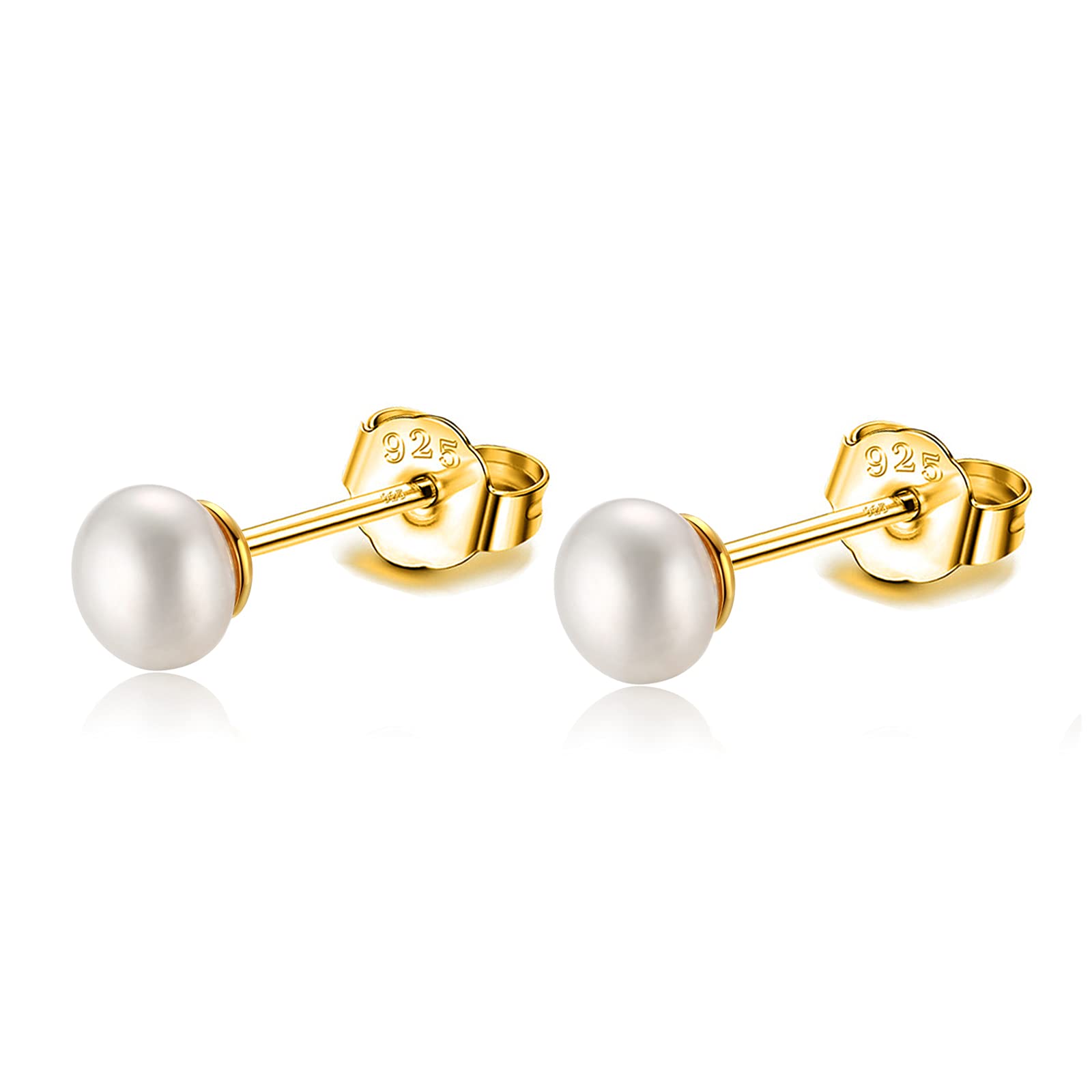 SILBERTALE Pearl Stud Earrings Sterling Silver Small Tiny 3-5mm White Freshwater Pearl Earrings Studs Silver/Gold for Women