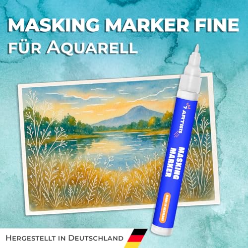 7 Artists Masking Marker 1-2 mm – Fineline Maskierflüssigkeit für Aquarell | Maskierstift für Watercolour | Masking Pen mit Rubbelkrepp | Aquarell Zubehör mit Masking Liquid | Masking Fluid Pen
