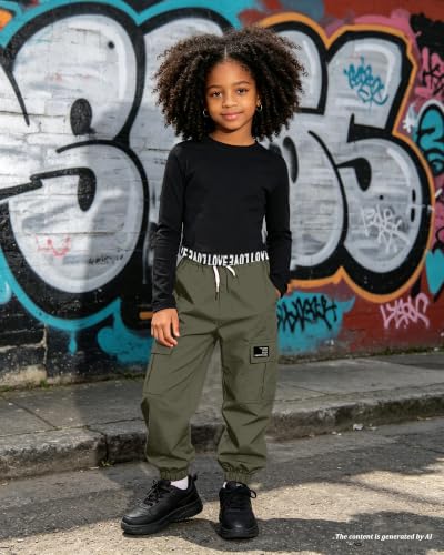 Image of Betusline Girls Fall Winter Clothing Sets, Long Sleeve Crop Top & Cargo Jogger Pants 2 Piece Outfit Sets,4T-14Y