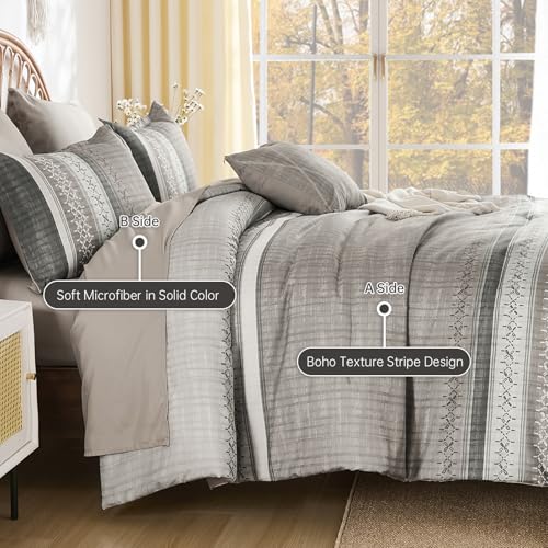 Image of Dintszyayue Taupe King Comforter Size Set, 8 Pieces Striped Texture Bed in a Bag Bedding Sets, Lightweight Soft Comforter and Sheet Set, All Season Microfiber Teen Boys Bedding Sets for Men Women