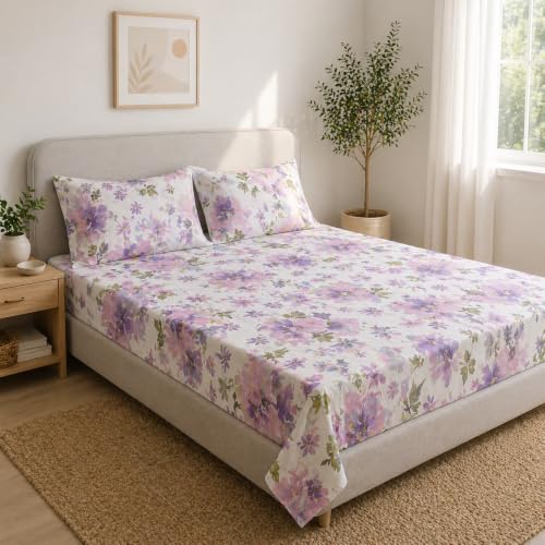 Image of Linen Home Cotton Percale Flat Bedsheet Set Queen Size Floral Purple