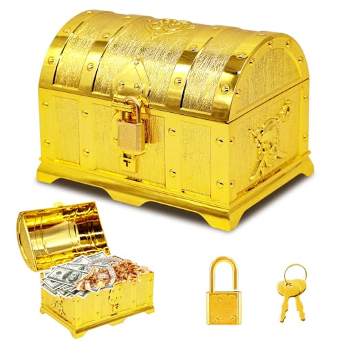 Forbabe Schatkist gouden kinderverjaardagsverpakking, afsluitbaar met deksel en slot, kindercadeau