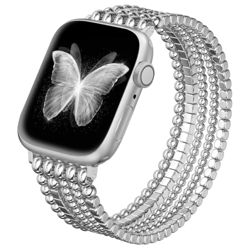 fastgo Silver Beaded Bracelet Band Compatible with Apple Watch Band 41mm/40mm/38mm/44mm/45mm/42mm/49mm Women, Dressy Elastic Stretchy Beaded Strap for Iwatch Series 9 Ultra 8 7 6 5 4 3 2 1 SE(Silver)
