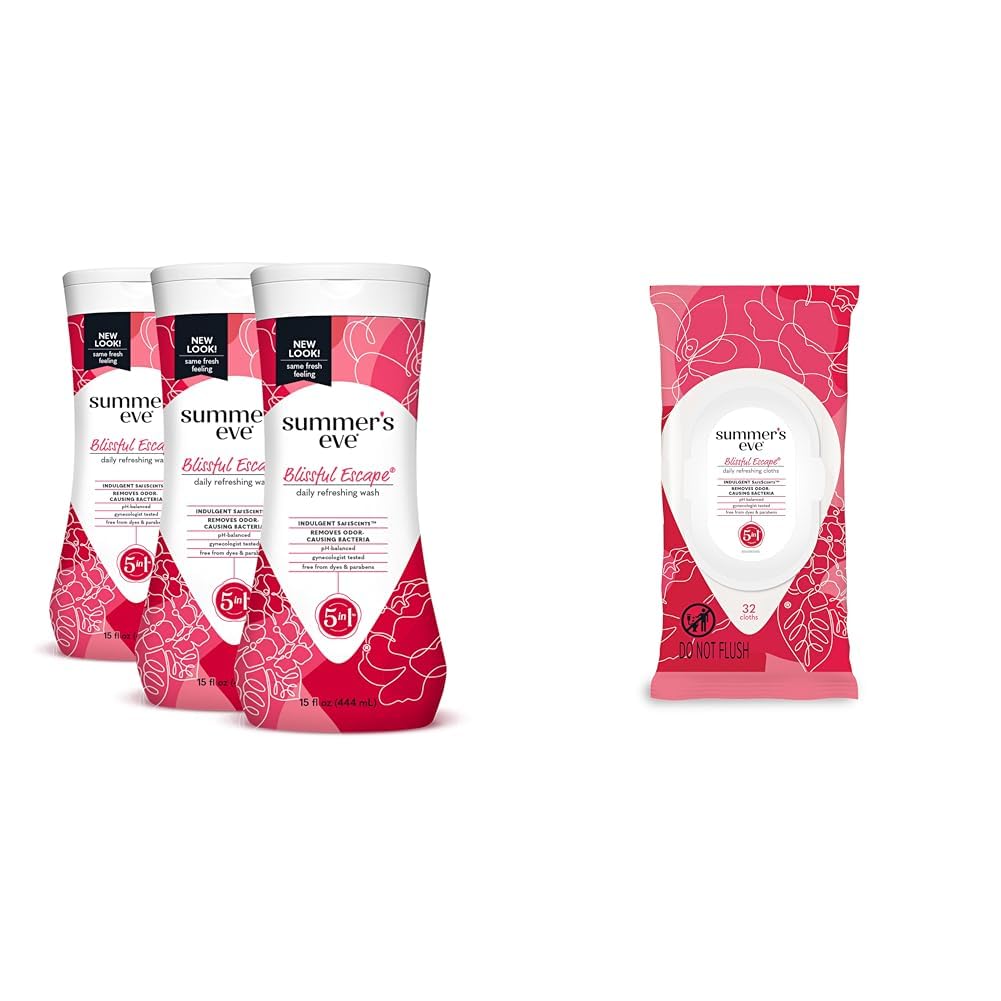Summer's Eve Blissful Escape Body Wash (Pack of 3) & Feminine Wipes (32 Count) Bundle