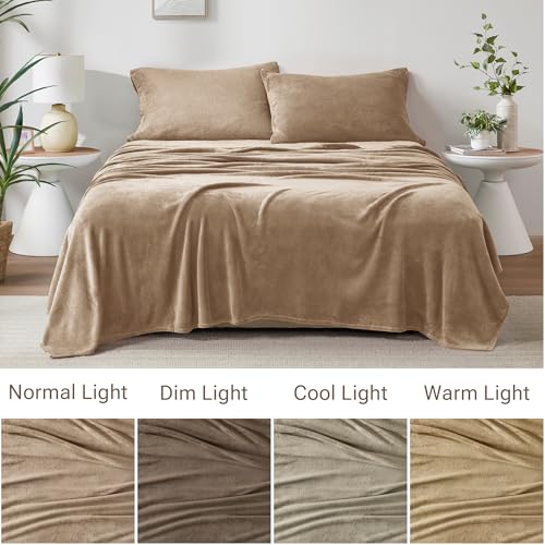 Image of True North by Sleep Philosophy Plush Sheet Set Queen, Solid Color, Warm & Soft Bedding Queen Size Sheets, Fitted Pocket Fits Up to 16 inch Mattress, Soloft, Queen Taupe 4 Piece
