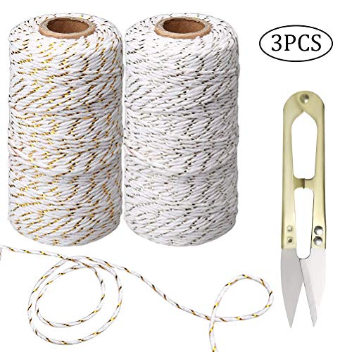 pengxiaomei 2 Rolls Gold/Silver Coloured Cotton Twine String with 1 Pcs Trimming Sewing Scissors, 200 M Gift Wraping Twine for Tags Tie, Homemade Art, DIY Crafts (Gold/Silver Cotton Twine)