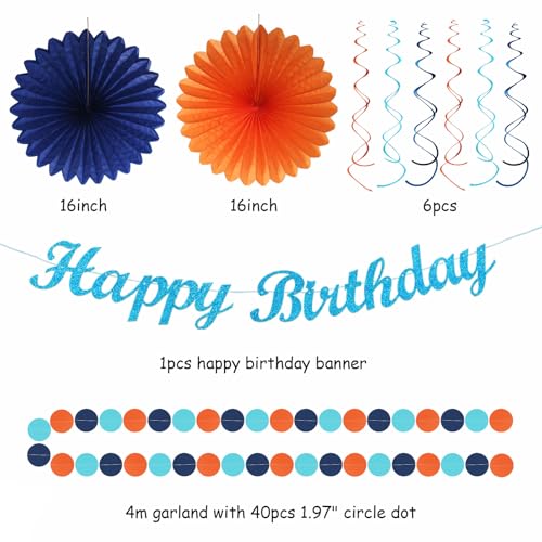 Image of Orange Blue Men Birthday Decorations - 21pcs Happy Banner Garland,Bluey Paper Streamers Lanterns,Flower Tissue Pom Poms Fan Supplies,Hanging Wall Backdrop Party Decor Huglony