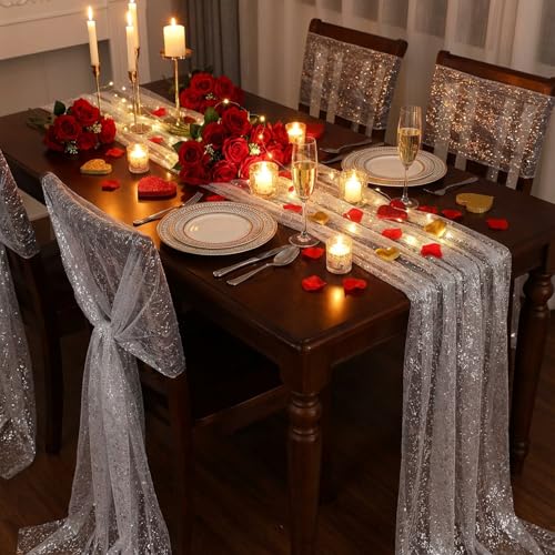 Image of SMONT Silver Gauze Table Runner 120 Inch 10FT Glitter Table Decor for Dining Wedding Anniversary Holiday Birthday Home Party White
