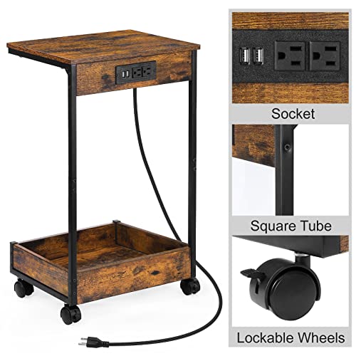 End Table With Charging Station, Sofa Side Table With Usb Ports & Power Outlets, Vintage C-Shaped Snack Tables, Rolling Casters, Wood Finish And Metal Frame Tray Storage Table For Laptop Coffee Couch #TOP1
