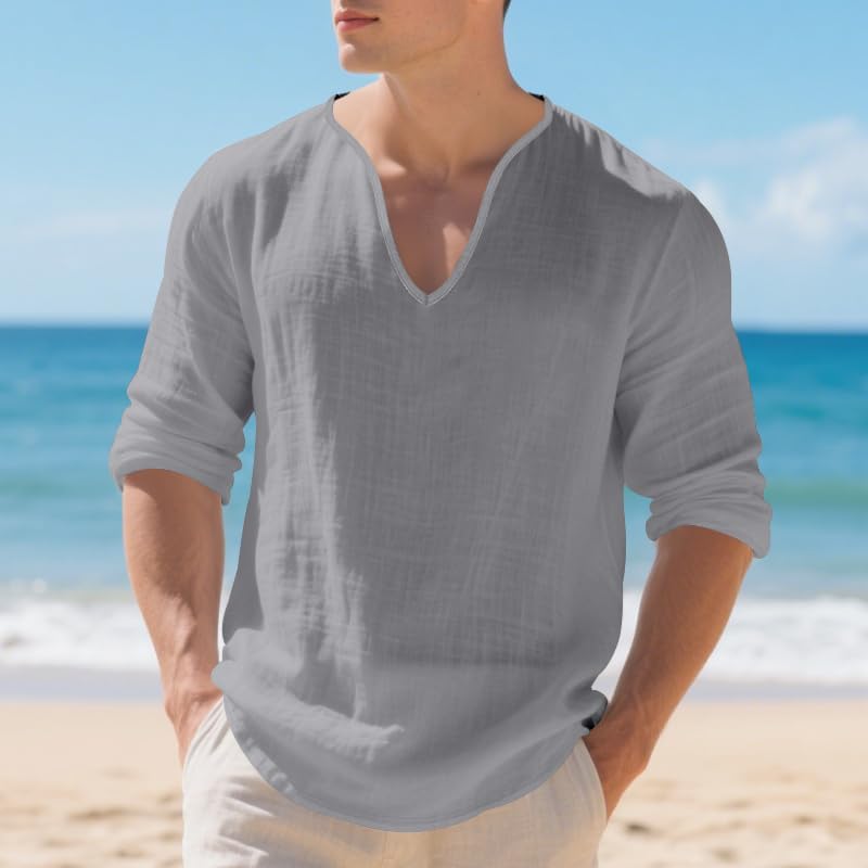 Mens Linen V-Neck Shirts Casual Long Sleeve Hippie Yoga Tops Lightweight Summer Beach Shirt - Image 3