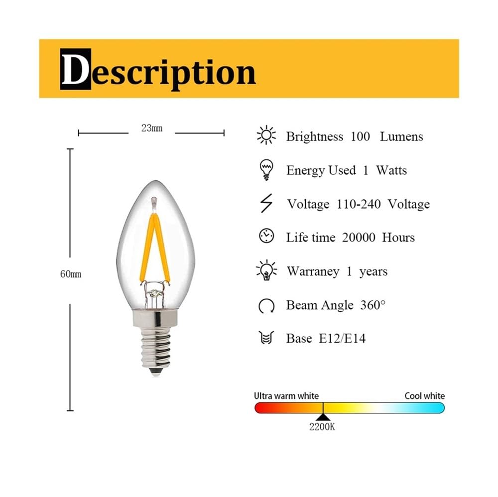 1fortunate lights, Paquete de 25/15, bombilla de filamento de vela Led AC220V C7 1W E14 Mini lámpara de luz nocturna lámpara de araña bombilla de cadena navideña(25PCS)