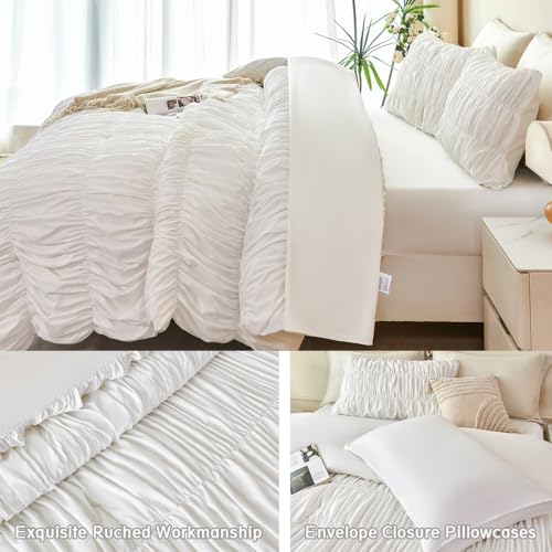 PERFEMET White Bedding Full Size Set, 5 Pieces Fluffy Ruched Comforter Set (79"x90"), Luxury Soft Boho Chic Ruffled Bed in a Bag with Sheet, All Season Farmhouse Pleated Texture Bed Sets(White, Full) by PERFEMET - Image 7