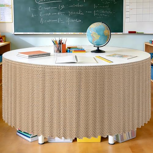 Image of 9FT Ruffle Burlap Pattern Table Skirt Teacher Desk Skirt for Classroom Decor Rectangle Table Cloth Desk Cover for Back to School Decorations Farm Birthday Party Supplies Office Bookcase Cabinet