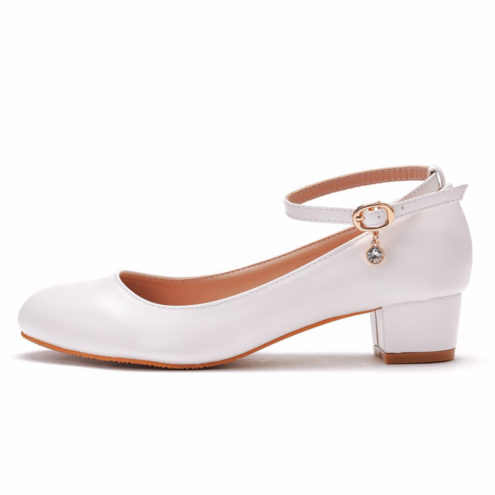 Buty ślubne Damskie, Niski Obcas, Blokowy | Zapięcie Na Okrągłą Sprzączkę, Wygodny Obcas O Wysokości 3,5 Cm, Odpowiednie Na Wesela (White 37 EU)