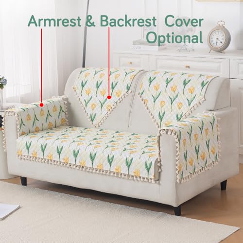 Image of HOKIPO Tulip Blossom 2 Seater Quilted Sofa Cover Mat with Tassels 'Tassel Twigs' Series (IN-983-T4)