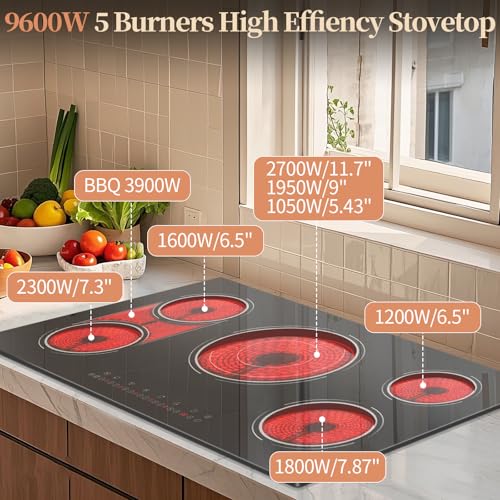 Image of Electric Cooktop 34.25 Inch(Cut-out Size: 34.25 inchx19.3 inch) - 5 Burner Electric Stove Powerful 9600W, 36 Inches Built-in Ceramic Stove with 3900W Flexible Zone, Timer, Lock, 220V Hard Wired