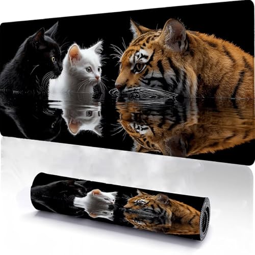 Alfombrilla de Ratón para Juegos 900x500x3mm, Mouse Pad Lavable Gato, Alfombrilla Ratón Sobremesa Portátil, Borde con Costura, con Base Antideslizante, para Juegos de Oficina en Casa Tigre Q-8