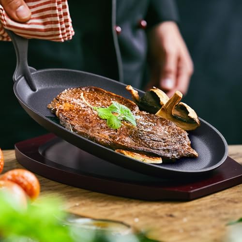 Maxdot 8 Pieces Cast Iron Fajita Skillet Pan Set Sizzling Steak Plate with Wooden Base and Handle Cast Iron Fajita Skillet Sizzling Plate for Home Restaurant Barbecue Holiday Party - Image 6