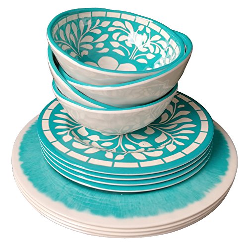 Teal Dinnerware Set - Melamine 12 Piece Dinner Dishes Set for Camping Use, Lightweight