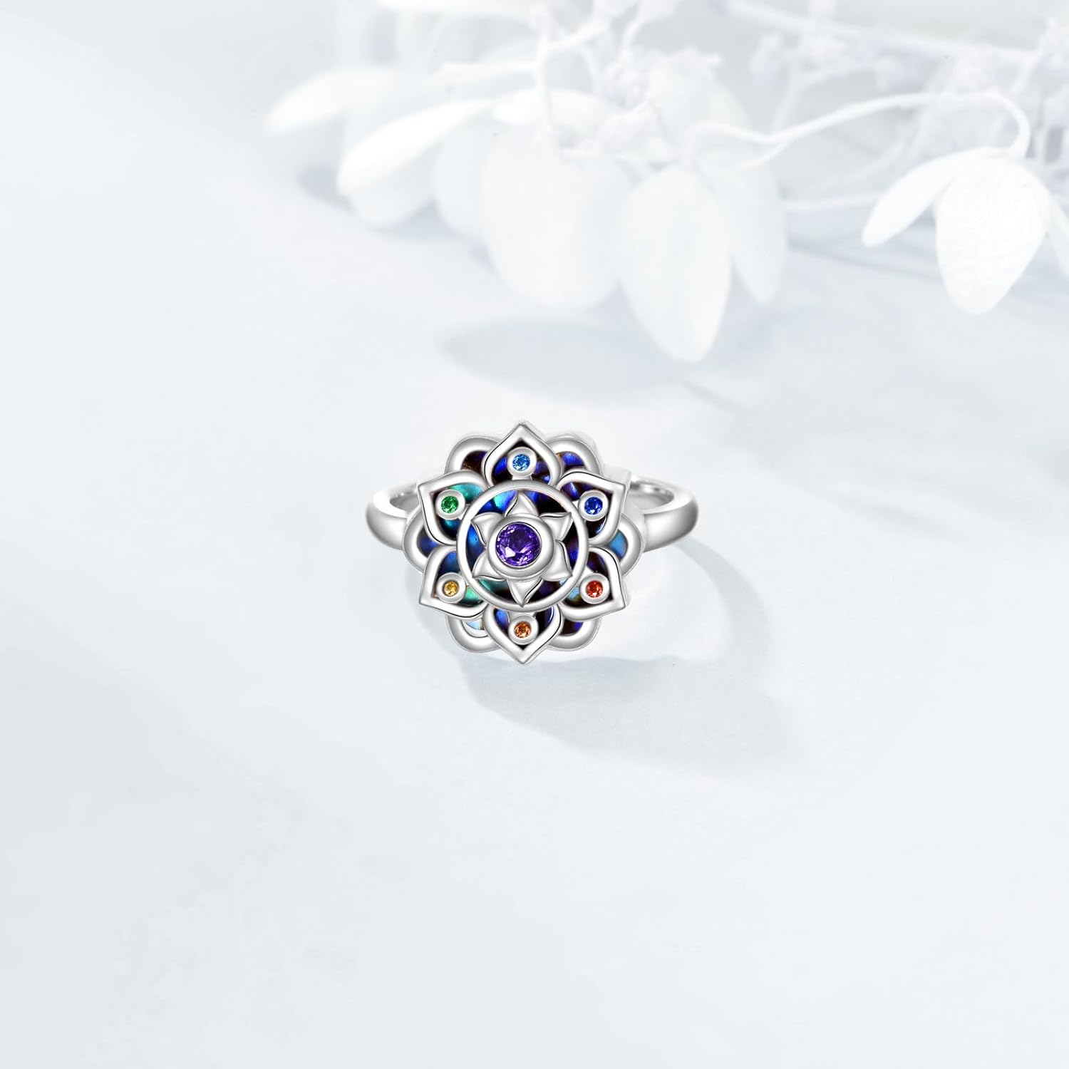 URONE Lotus Ring 925 Sterling Silver Mandala Chakra Ring Lotus Yoga Jewelry Gifts for Women - Image 4