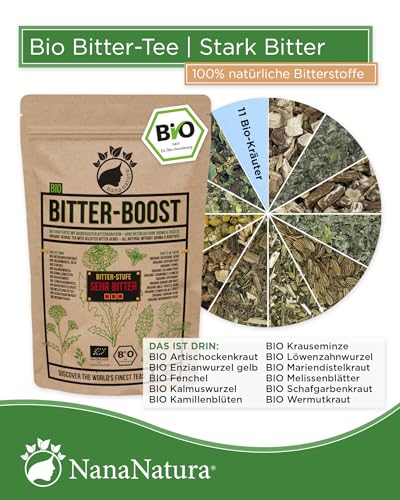 NanaNatura’s BIO Bittertee BITTER-BOOST 100g [STARK BITTER] mit 11 Bio-Kräutern wie Wermut, Kalmuswurzel, Löwenzahn, Schafgarbe, Enzian, Mariendistelkraut uvm. | Bitterkräuter Tee