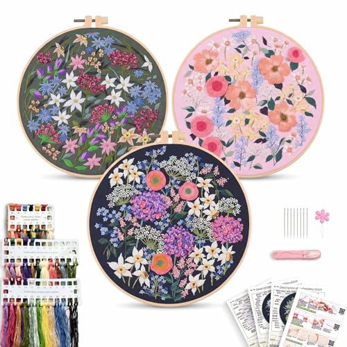 Image of REEWISLY S162+164+165 3pcs Embroidery Starter kit with Patterns and Instructions, DIY Adult Cross Stitch Kits Beginner, Including 3 Plastic Embroidery Rings, 1 Scissors, Colored Threads and Needles