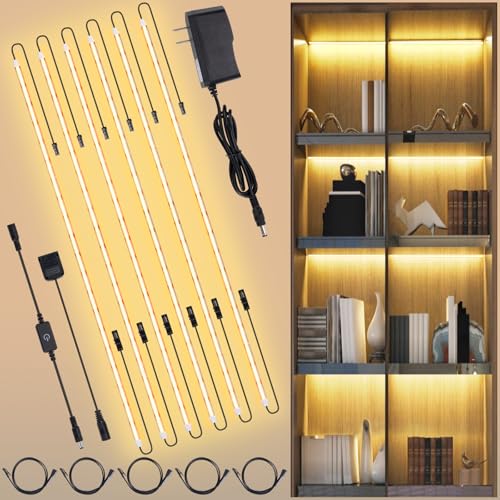Image of JUSJUBR Shelf Lights, 6 PCS 20 Inch Dimmable Flexible COB LED Light Strips, Warm White 3000K, LED Under Cabinet Lights for Display Case, Bookshelf, Kitchen, Wardrobe and Closet