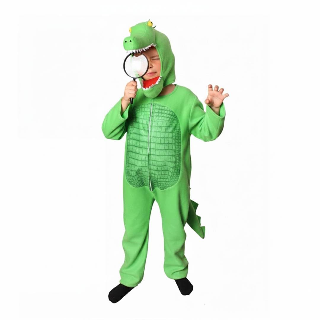 Kids Green Alligator Investigator – Soft Fleece Two-Piece Animal Bodysuit with Hood & Magnifying Glass Fun Detective Outfit for World Book Day Halloween School Kids Fancy Dress Costume