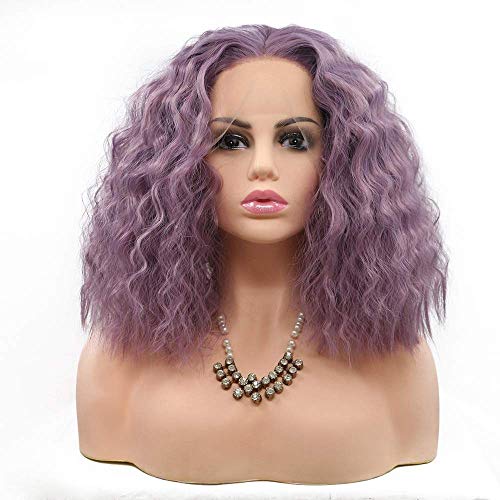 Perruque avant de lacet pour soirées et festivals : cheveux courts bouclés violets en soie