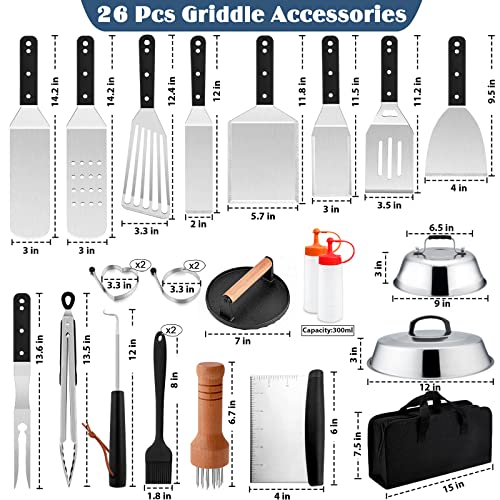 26Pcs Griddle Accessories Kit, Joyfair Stainless Steel Flattop Grill Tools Set With Melting Dome & Cast Iron Burger Press, Professional Bbq Spatulas Turners In Carrying Bag For Outdoor Camping #TOP6